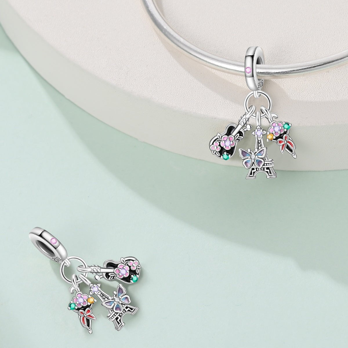 Liora Atelier Parisian Guitar, Eiffel Tower, Butterfly, & Floral Ice Cream Triple Dangle Charm