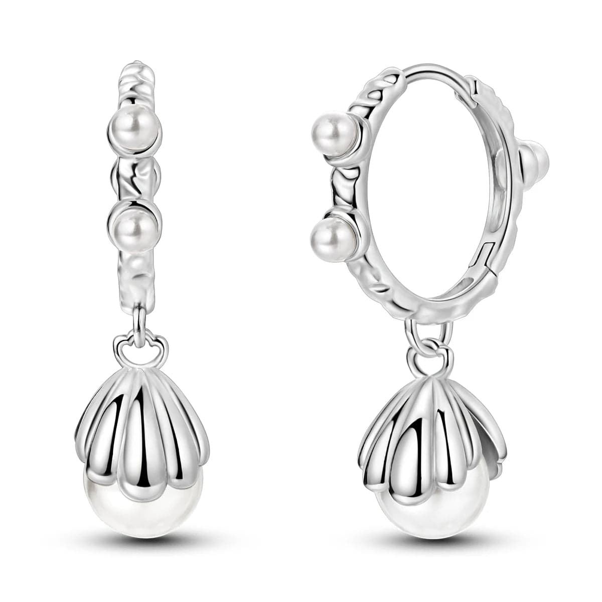 Liora Atelier Pearl Drop Hoop Earrings with Floral Shell Design