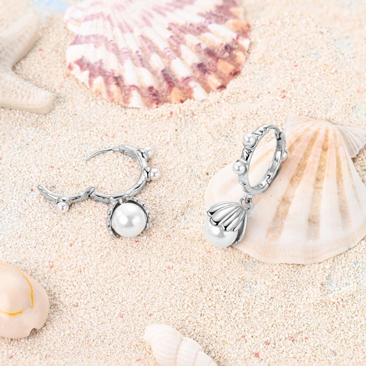 Liora Atelier Pearl Drop Hoop Earrings with Floral Shell Design