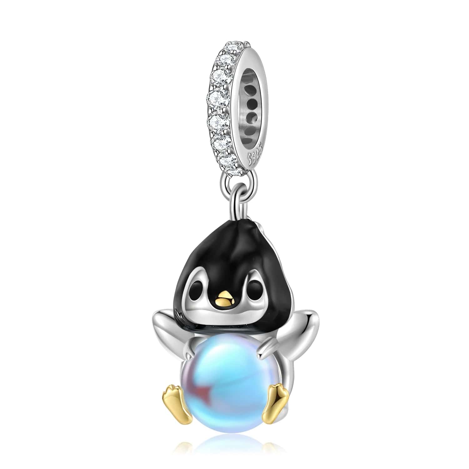 Liora Atelier Penguin with a Glowing Blue Sphere Dangle Charm