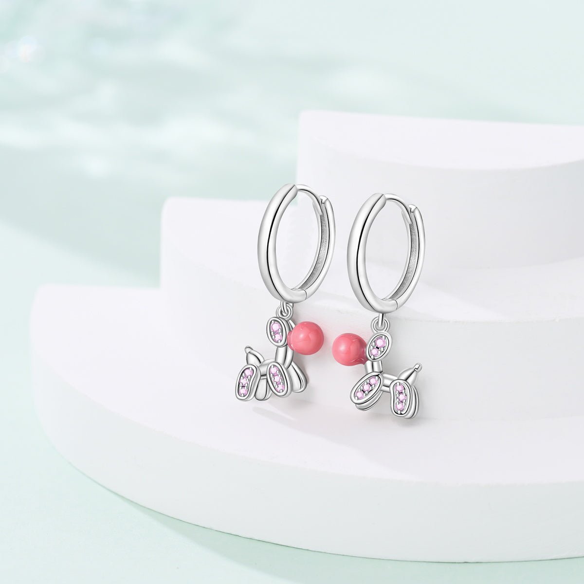 Liora Atelier Pink Balloon Dog with Crystal Accents Hoop Earrings
