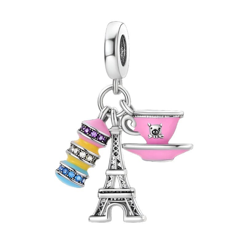 Liora Atelier Pink Coffee Macaron Paris Eiffel Tower Triple Dangle Charm