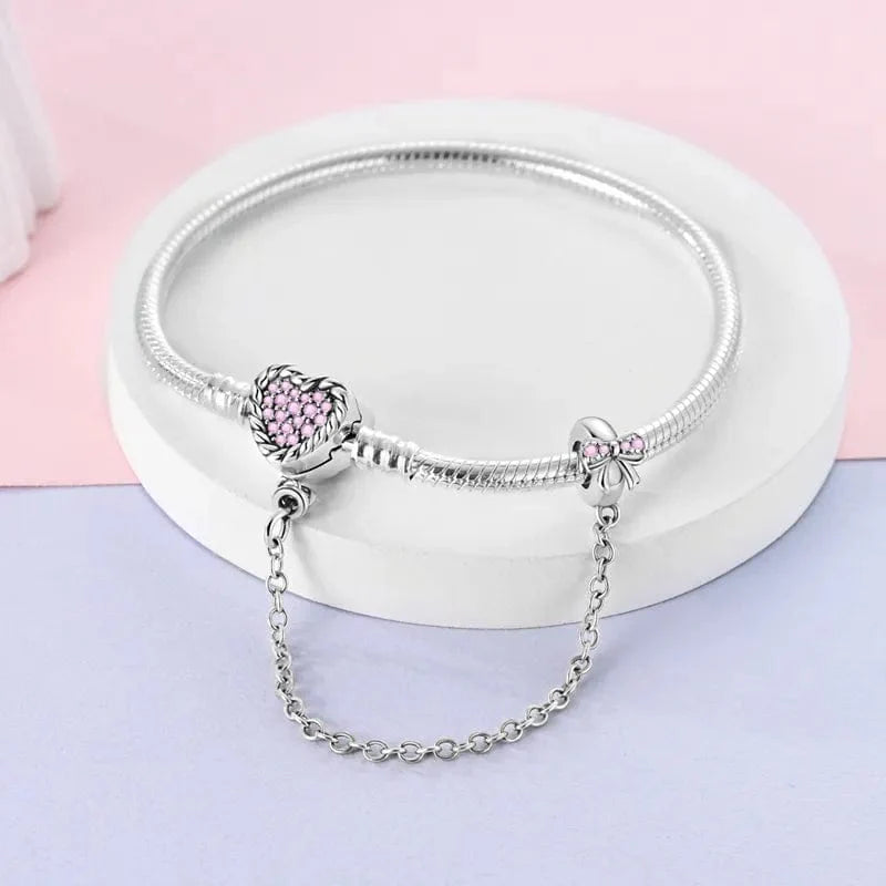Liora Atelier Pink Crystal Heart Charm Bracelet with Bow and Safety Chain