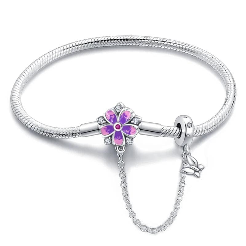 Liora Atelier Purple Flower Charm Bracelet with Butterfly Dangle and Safety Chain