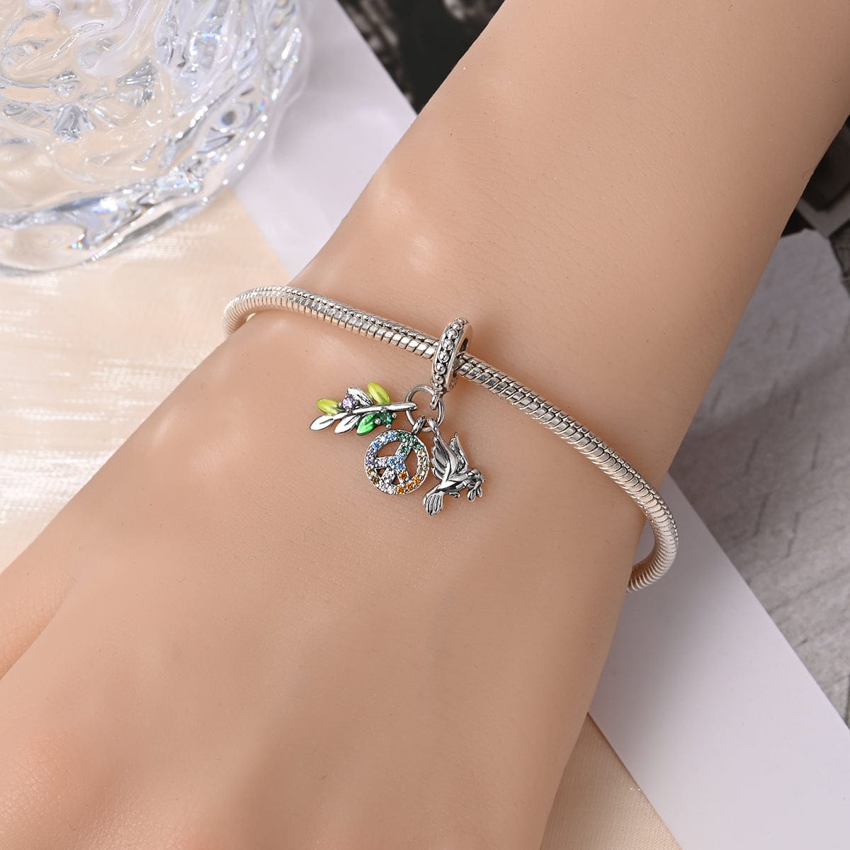 Liora Atelier Rainbow Peace Sign with Dove and Olive Branch Charm