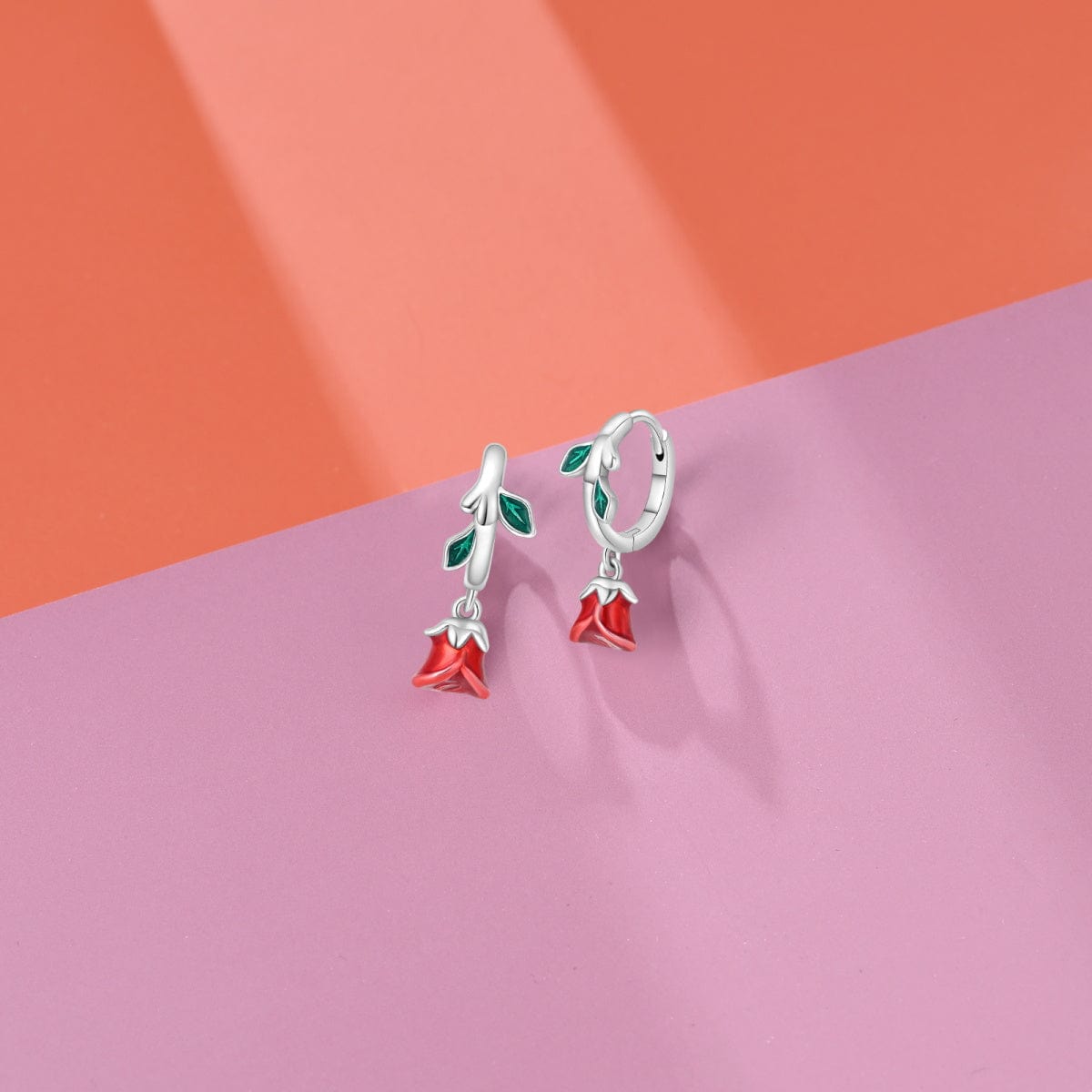 Liora Atelier Romantic Red Rose Drop Earrings with Enamel Leaves