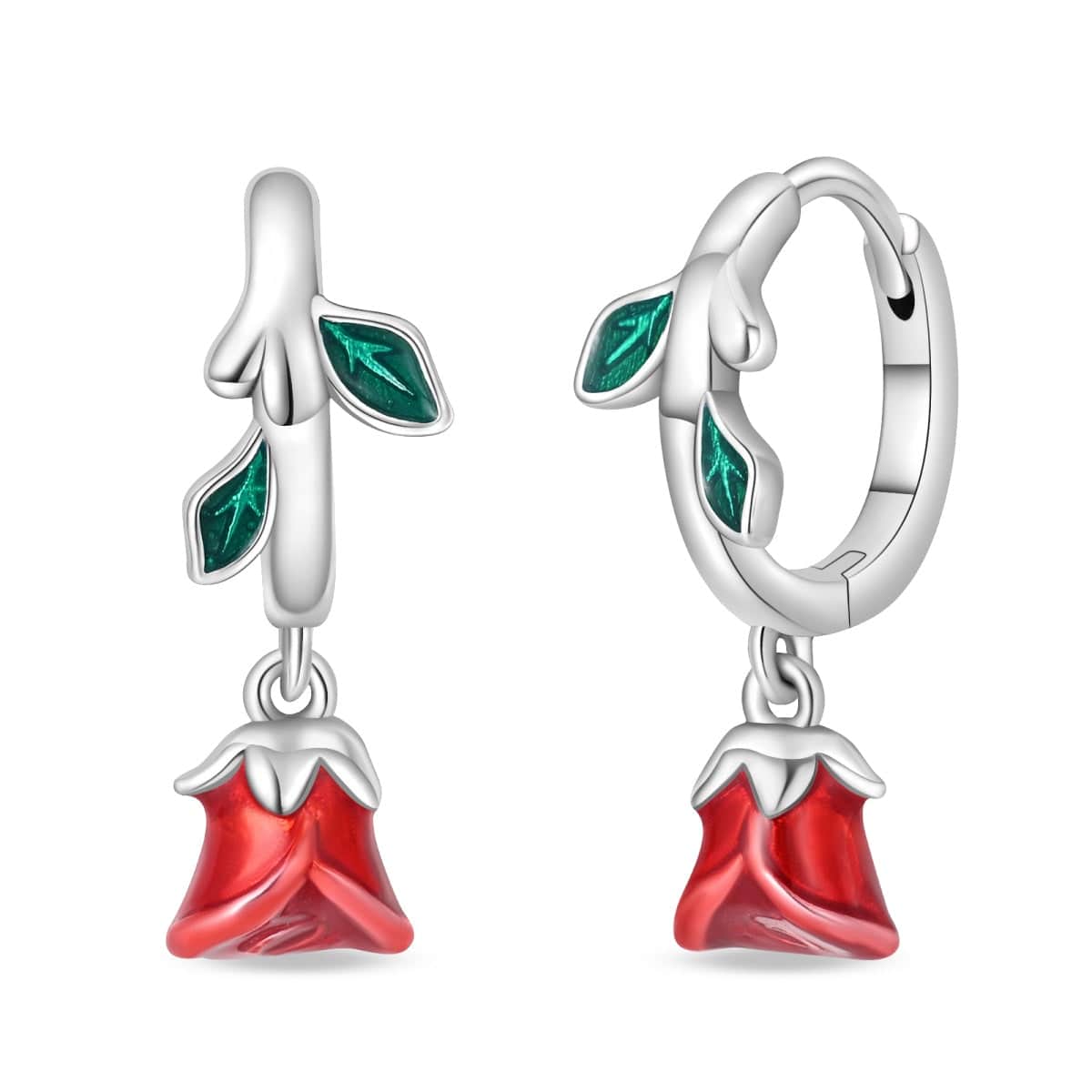 Liora Atelier Romantic Red Rose Drop Earrings with Enamel Leaves