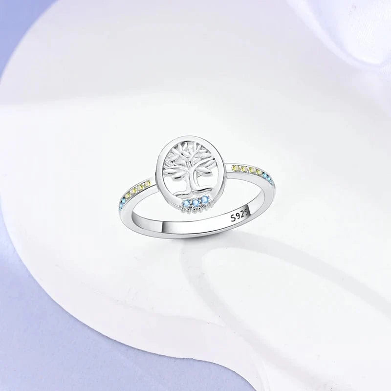 Liora Atelier S925 Sterling Silver Tree of Life Ring with Blue and Yellow Accents