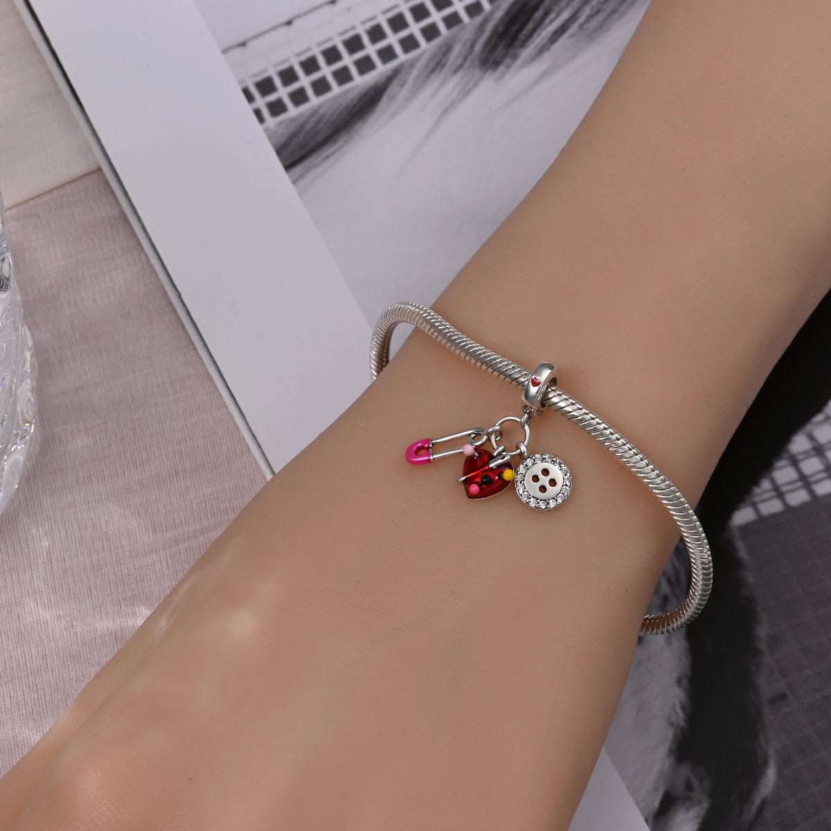 Liora Atelier Safety Pin, Heart Pincushion, & Button Sewing Essentials Charm