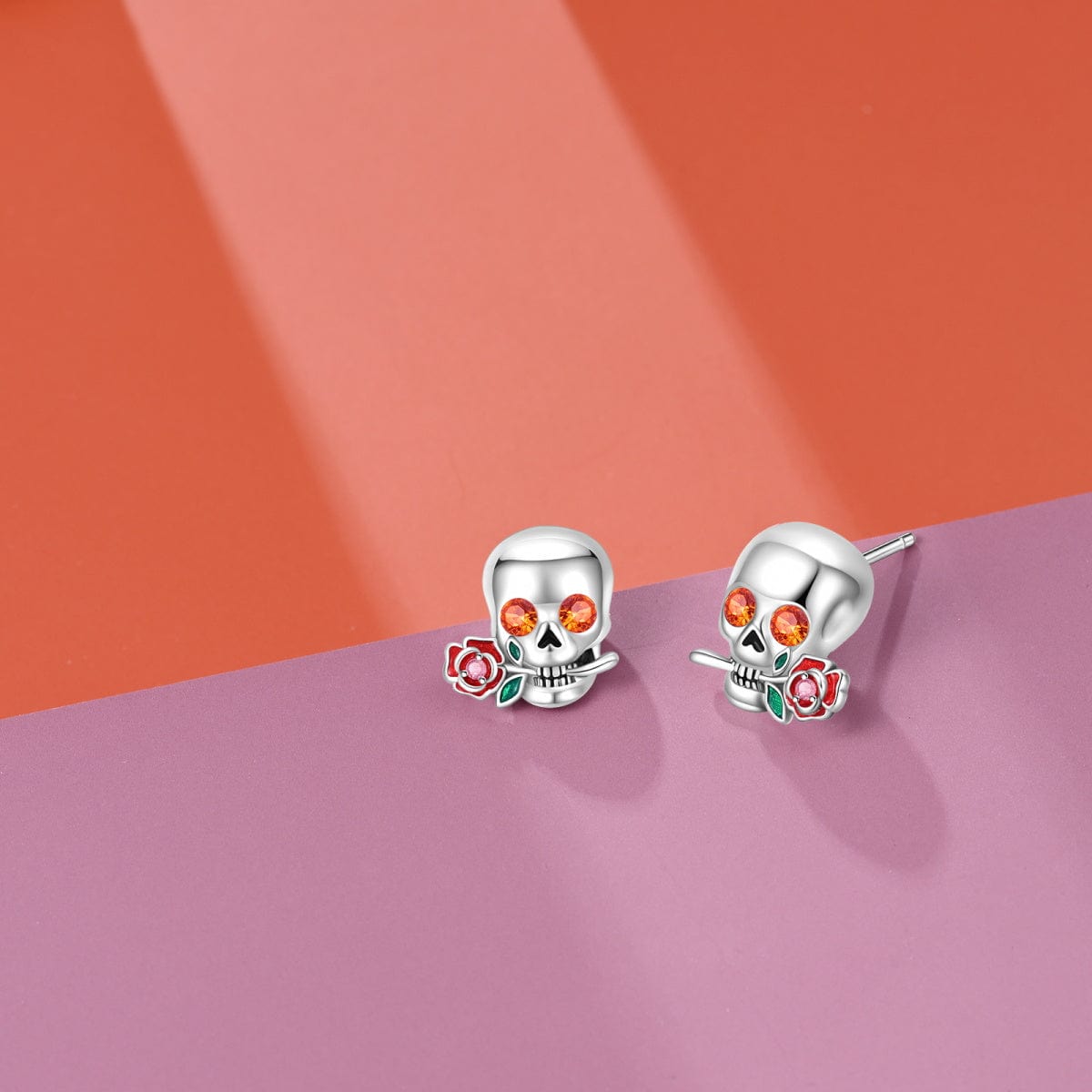 Liora Atelier Skull & Rose Crystal Stud Earrings with Enamel Accents