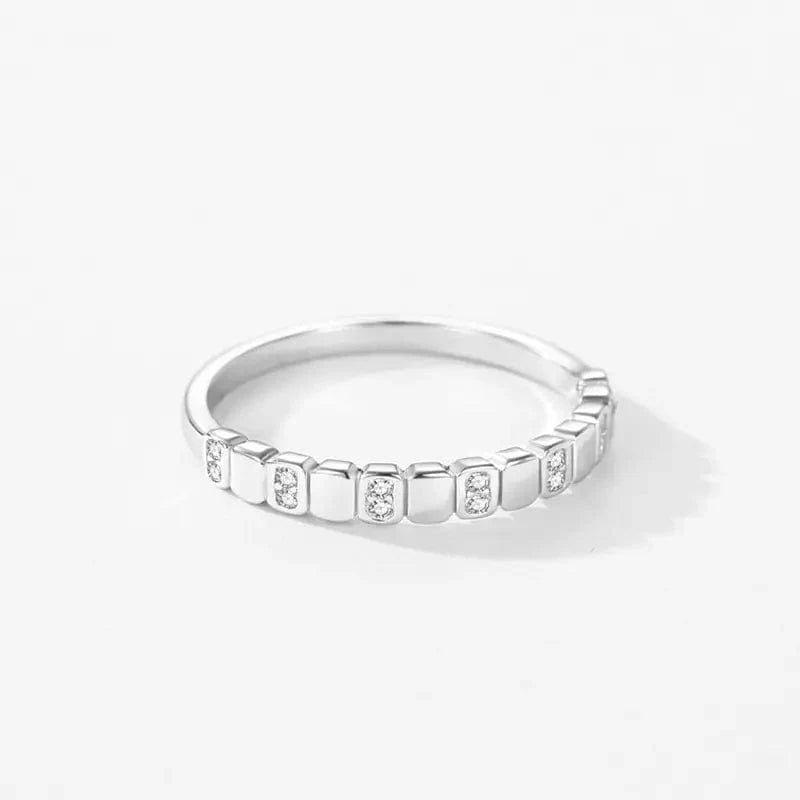 Liora Atelier Square Design Sterling Silver Band Ring with Clear Crystals