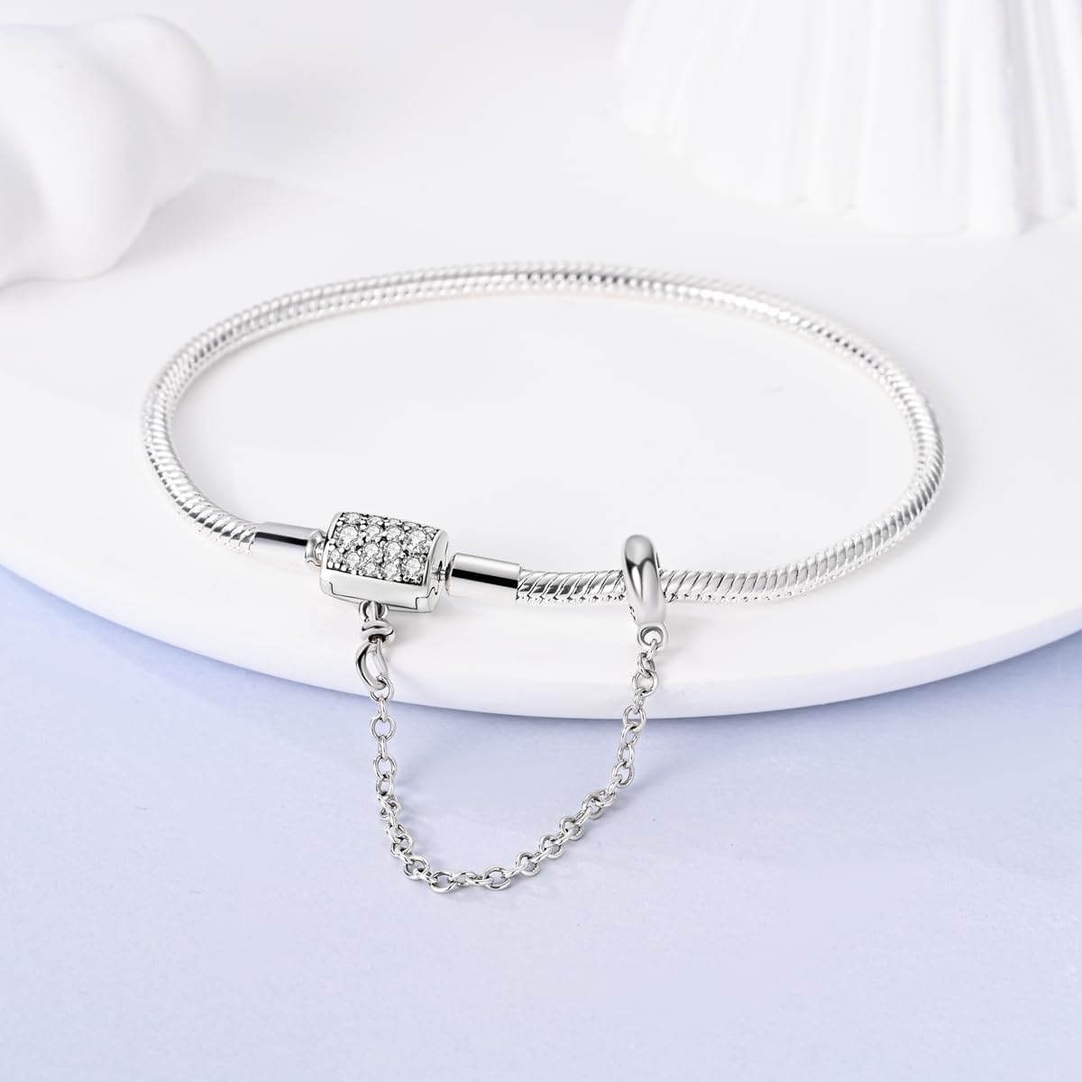 Liora Atelier Sterling Silver Bracelet with Sparkling Pavé Clasp and Safety Chain